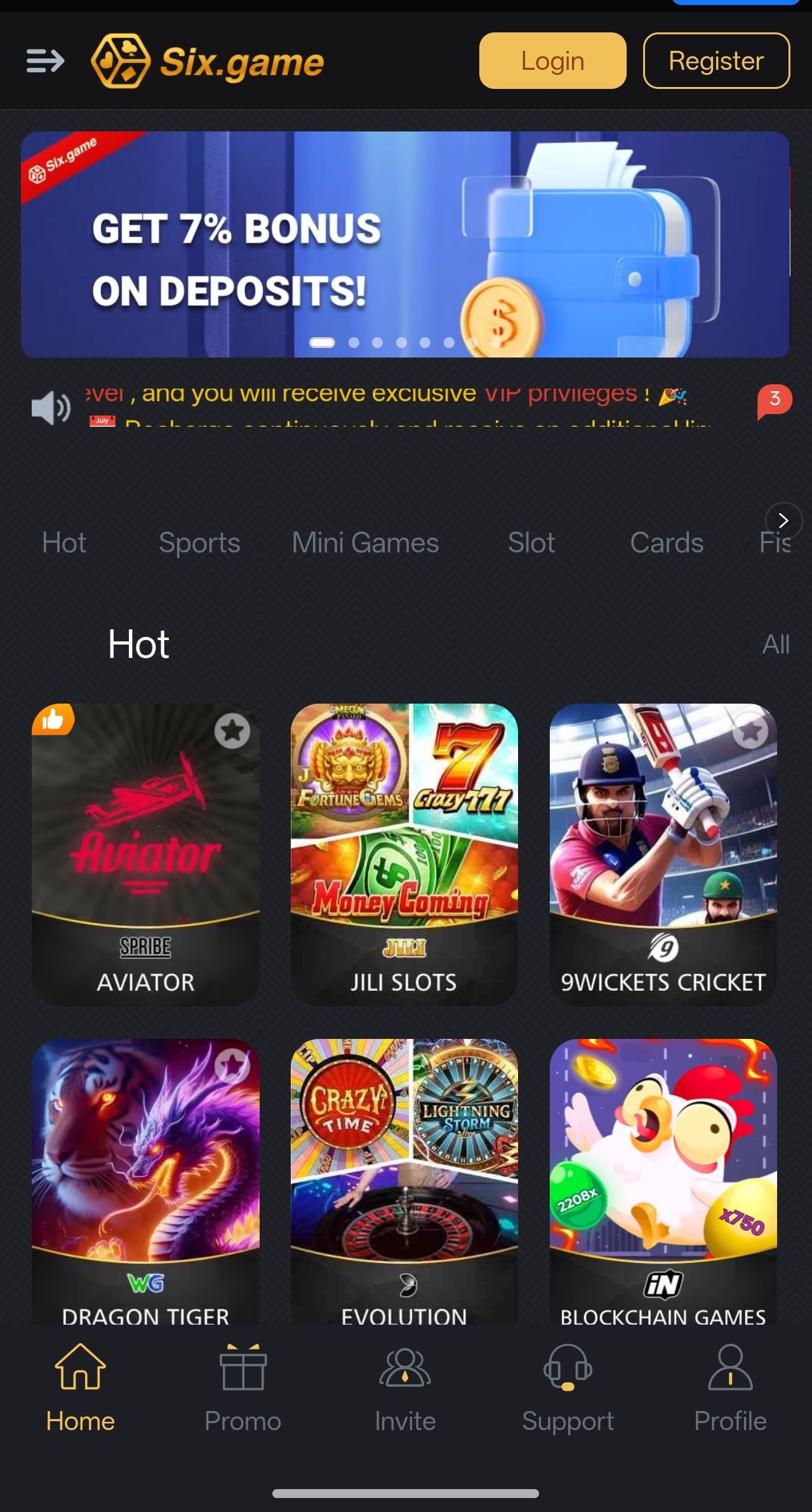 Six Game app home screen showing the deposit bonus banner and hot slot games