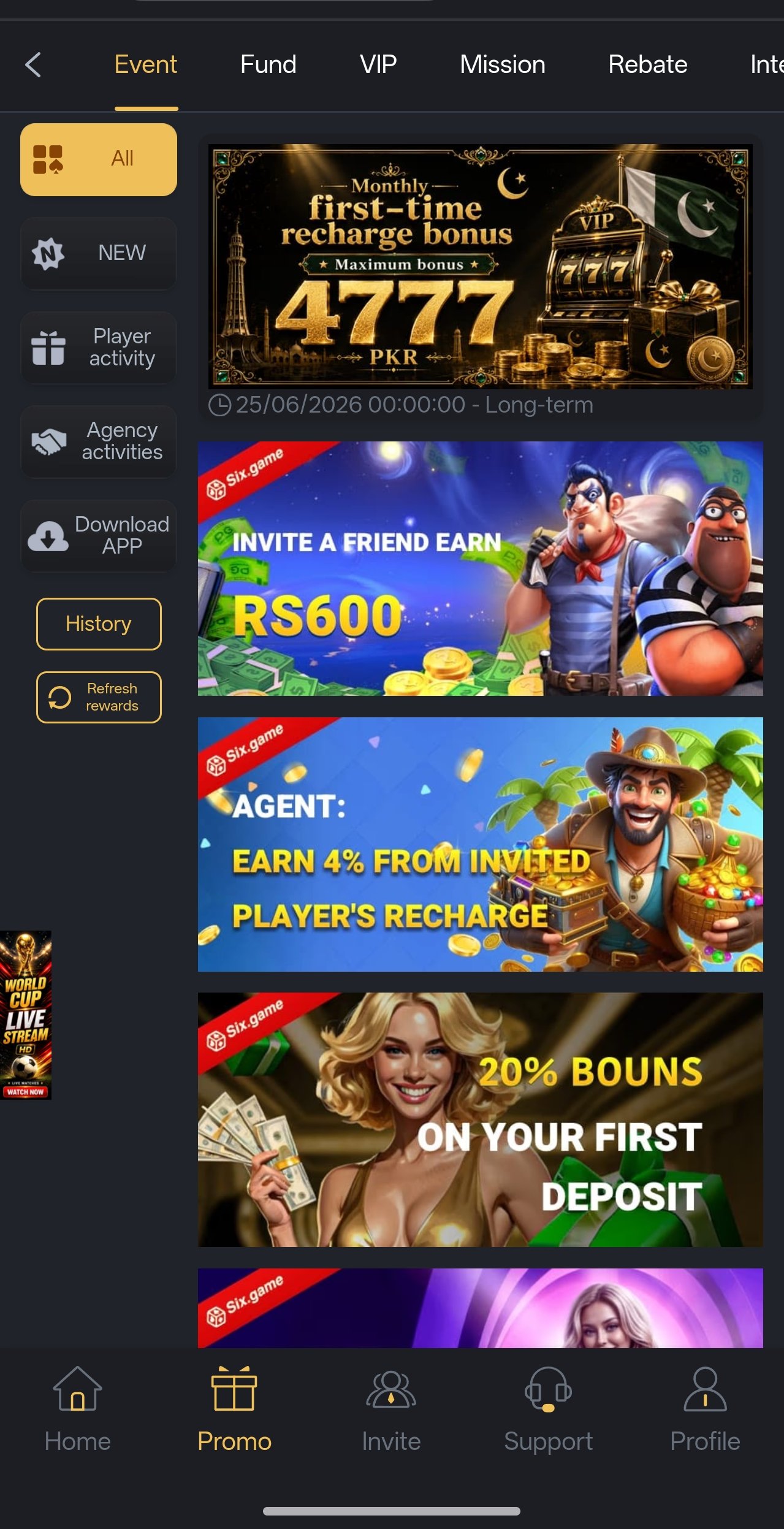 Six Game promotions screen showing active bonus offers